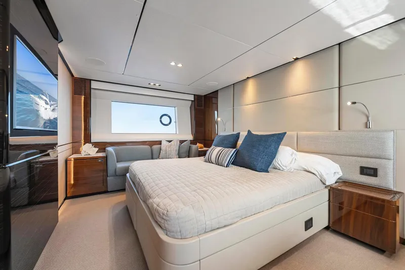 Slide: The Image of Luxurious bedroom interior on 2018 Princess Y75 yacht with modern design and ocean view. - 27
