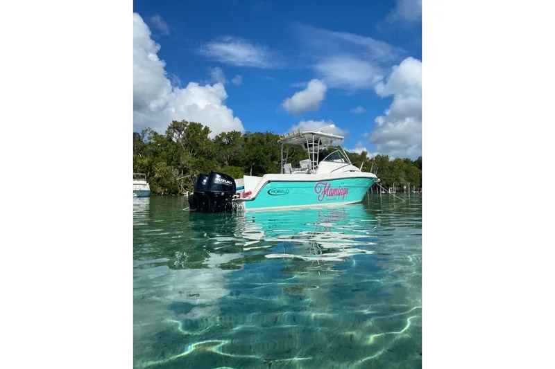 Slide: The Image of 1994 Robalo 2440 Walkaround boat on clear water, under a bright blue sky. - 4