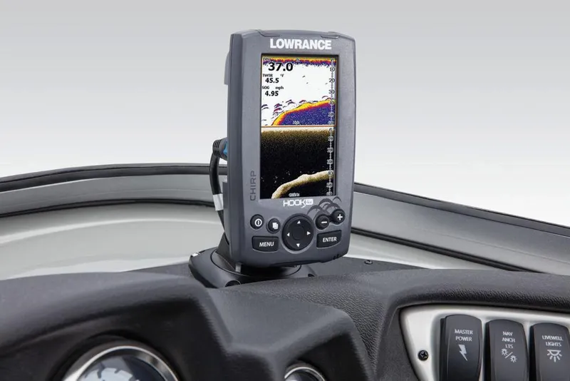 Slide: The Image of A Lowrance fish finder is mounted on the dashboard of a Tracker Targa V-18 WT boat. - 39