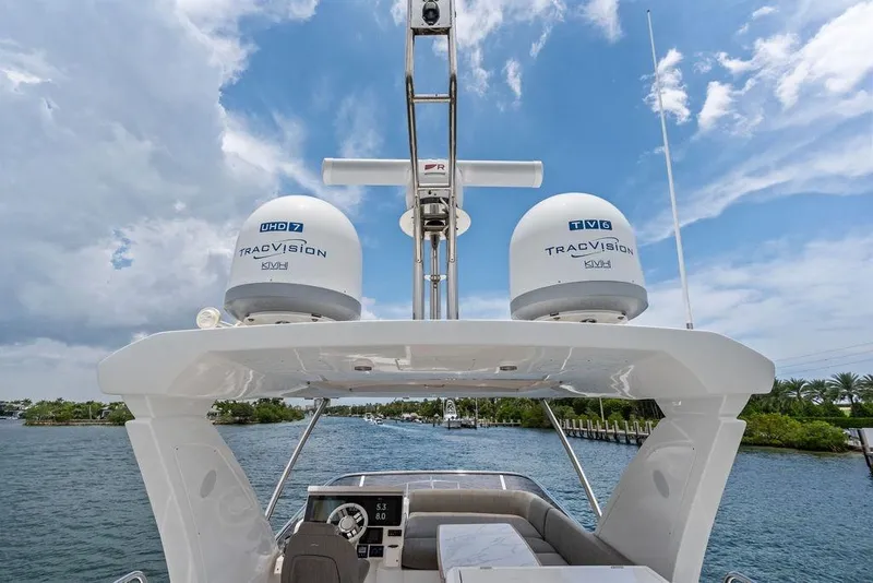 Slide: The Image of Azimut Fly 50 yacht, 2022 model, featuring TracVision satellite domes on a sunny day. - 20