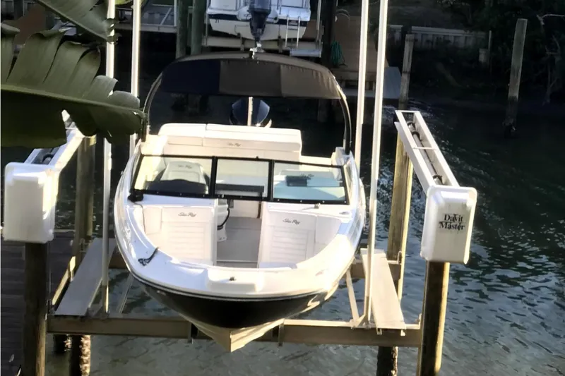 The Image of A 2020 Sea Ray SPX 230 Outboard on a boat lift, surrounded by water and palm trees. - 0