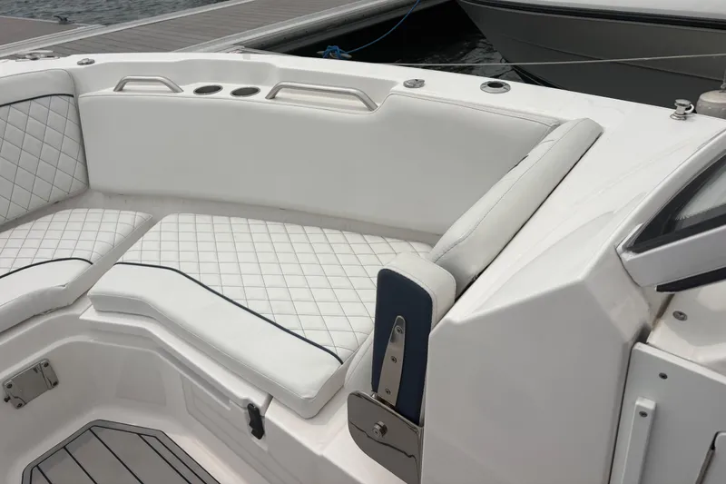 Slide: The Image of Interior seating of 2023 Sea Fox 268 Traveler boat with quilted upholstery. - 8