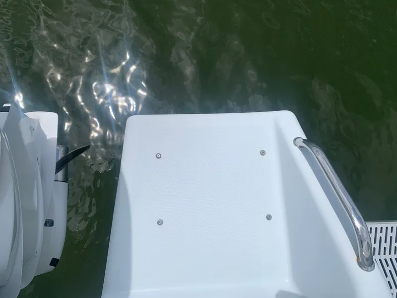 Slide: The Image of A section of a boat with a white platform and stainless steel handle, hovering over water. - 34