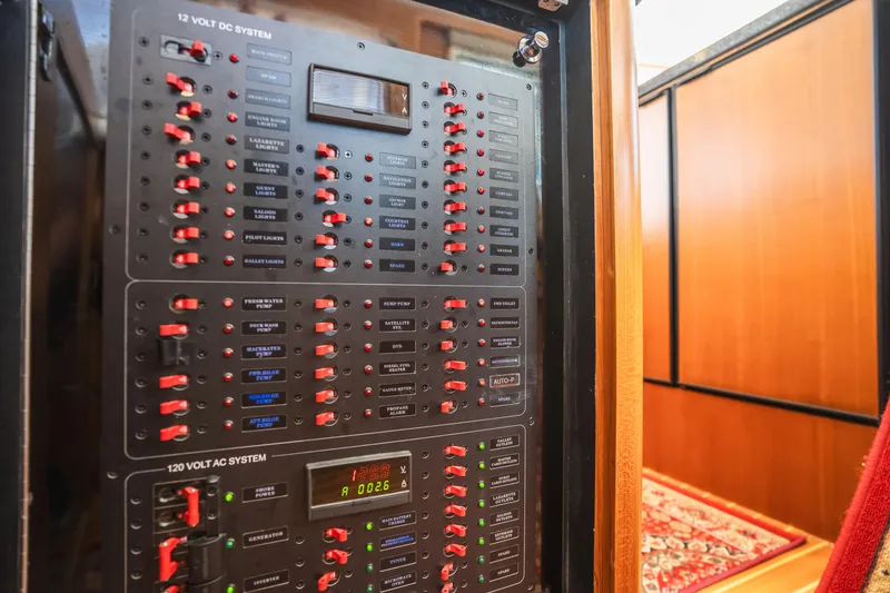 Slide: The Image of Electrical panel inside 2025 Bracewell 41 boat, featuring 12V DC and 120V AC systems. - 9