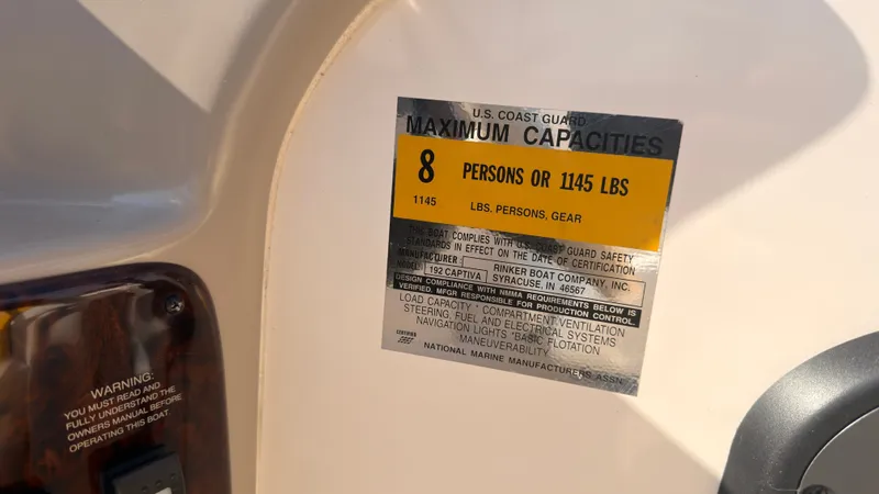 Slide: The Image of A sign on a boat indicates a maximum capacity of 8 persons or 1145 pounds. - 24