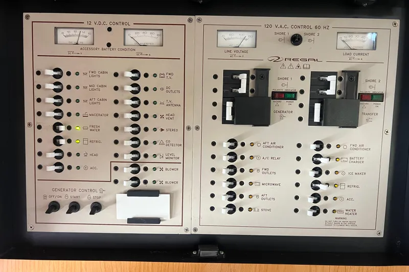 Slide: The Image of Control panel of a 2000 Regal Commodore 4160 boat, featuring electrical switches and meters. - 16