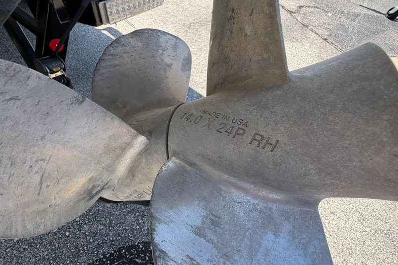 Slide: The Image of Close-up of a large metal propeller with engraved specifications, 2024 Monterey M4. - 42