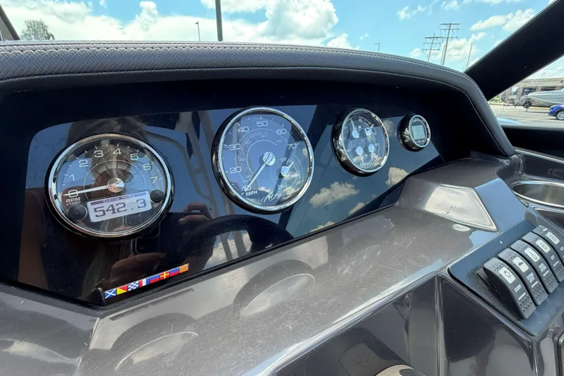 Slide: The Image of Dashboard of 2024 Monterey M4 boat with gauges and controls under a blue sky. - 14