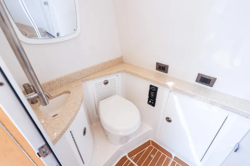 Slide: The Image of Luxurious bathroom interior of 2018 HCB 53 Suenos yacht with modern fixtures and elegant design. - 43