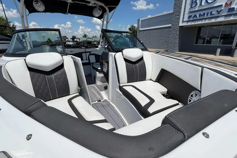 Slide: The Image of 2023 Monterey 238SS Super Sport boat interior with stylish seating and modern design. - 9