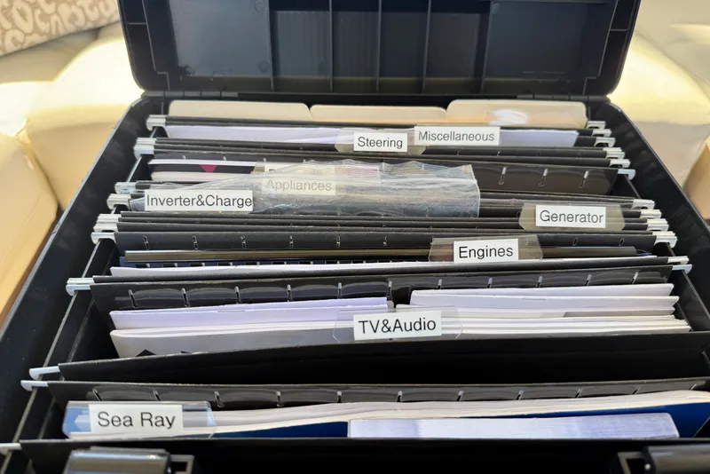 Slide: The Image of Organized files in a box for Sea Ray Sundancer 400, 2016 model, labeled by category. - 72