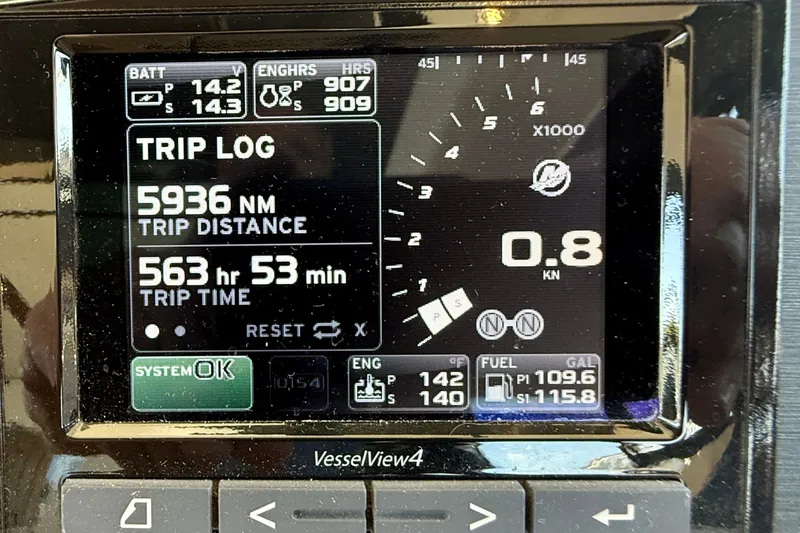 Slide: The Image of Display screen of a 2016 Sea Ray Sundancer 400 showing trip log and engine data. - 34