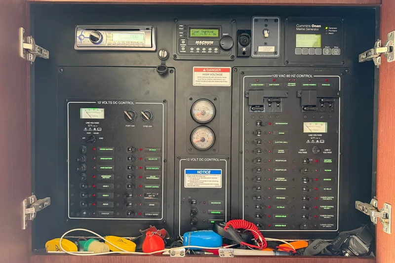 Slide: The Image of Electrical control panel on a 2014 Meridian 441 Sedan boat with various switches and gauges. - 15