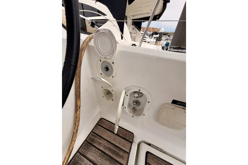 Slide: The Image of Beneteau Oceanis 41.1 cockpit controls and fittings, 2017 model, with teak flooring. - 45
