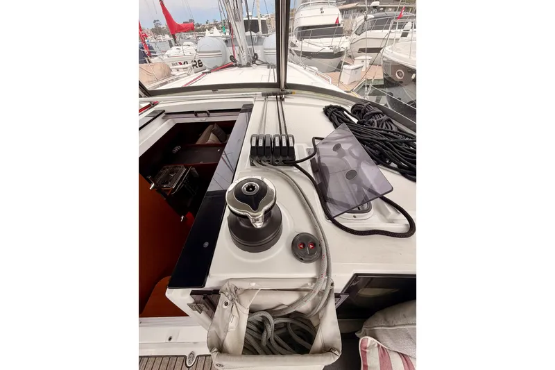 Slide: The Image of Cockpit view of 2017 Beneteau Oceanis 41.1 sailboat, showcasing winch and ropes. - 56