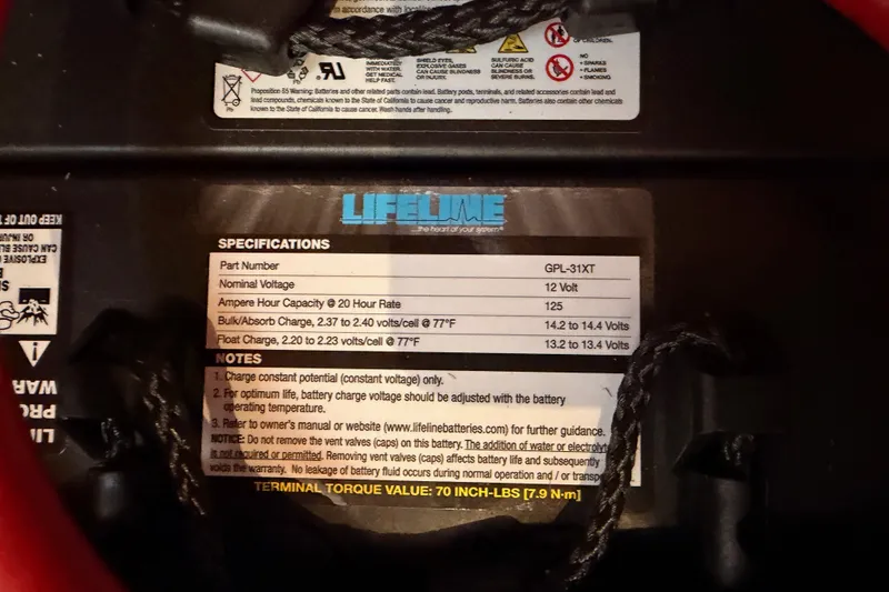 Slide: The Image of Lifeline battery specifications label on a 2017 Beneteau Oceanis 41.1 sailboat. - 71