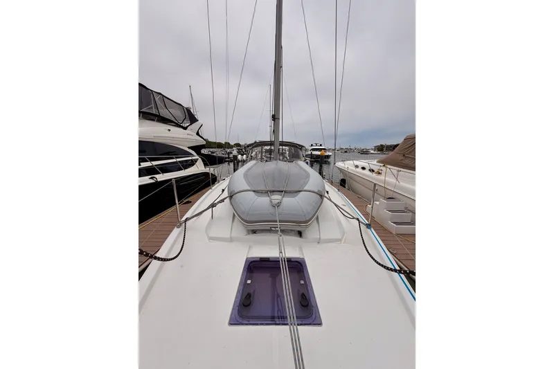 Slide: The Image of 2017 Beneteau Oceanis 41.1 sailboat docked, showcasing deck and rigging details. - 22