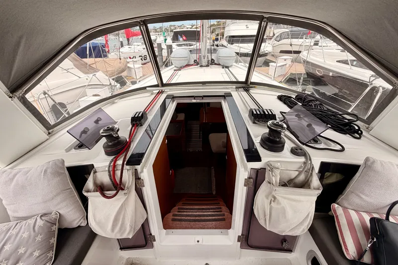 Slide: The Image of Cockpit view of 2017 Beneteau Oceanis 41.1 sailboat, featuring winches and seating. - 55