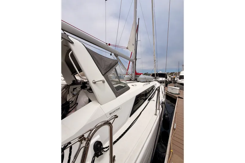 Slide: The Image of 2017 Beneteau Oceanis 41.1 sailboat docked at marina, showcasing sleek design and modern features. - 14