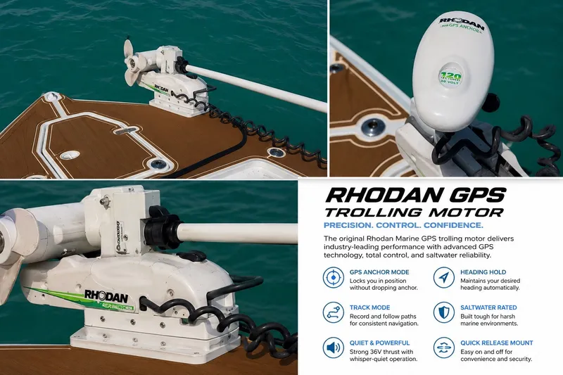 Slide: The Image of Rhodan GPS trolling motor on 2018 Sea Hunt Gamefish 27 Coffin Box, showcasing features and specifications. - 36