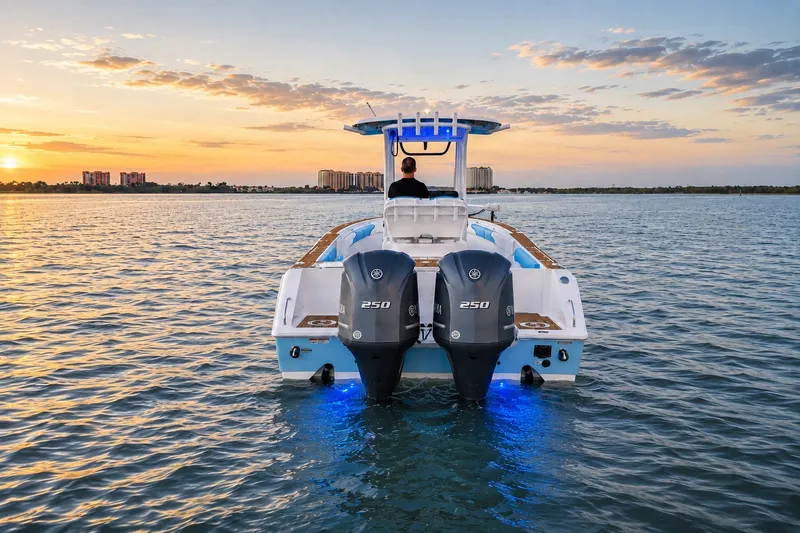 Slide: The Image of 2018 Sea Hunt Gamefish 27 Coffin Box boat on water at sunset. - 5