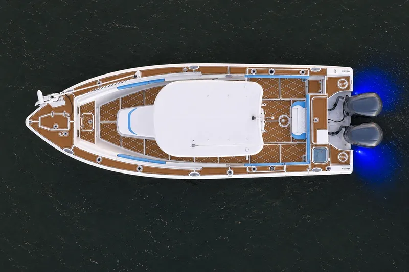 Slide: The Image of Aerial view of 2018 Sea Hunt Gamefish 27 Coffin Box boat with twin engines. - 9