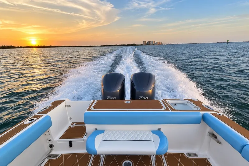 Slide: The Image of 2018 Sea Hunt Gamefish 27 Coffin Box cruising at sunset with twin engines. - 3