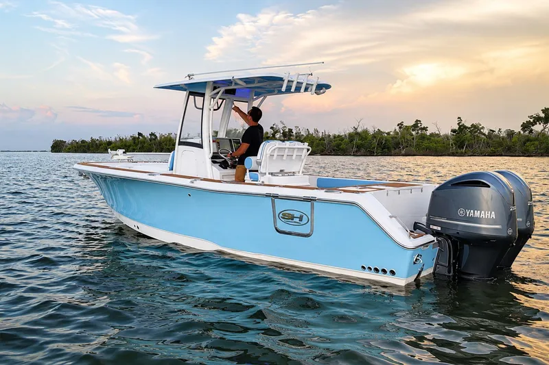Slide: The Image of 2018 Sea Hunt Gamefish 27 Coffin Box boat on water at sunset with Yamaha engines. - 17