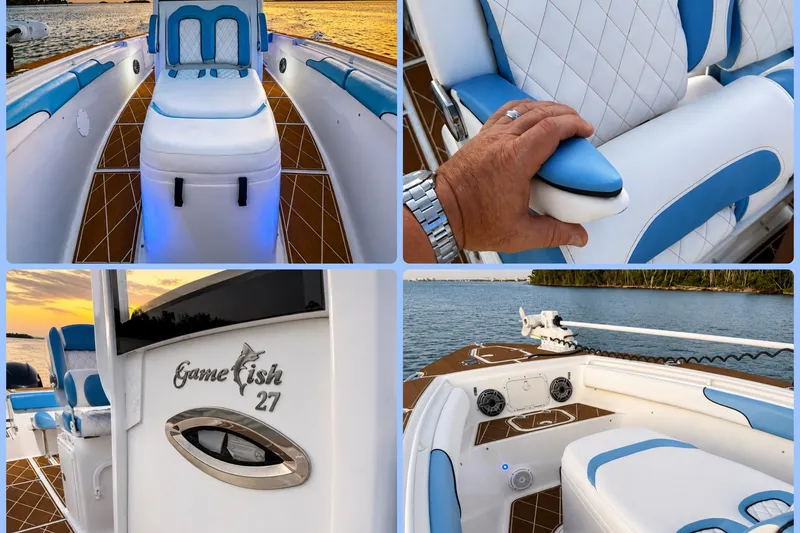 Slide: The Image of 2018 Sea Hunt Gamefish 27 Coffin Box boat with blue and white seating, ocean backdrop. - 35