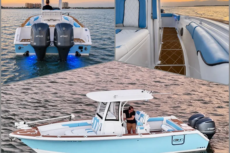 Slide: The Image of 2018 Sea Hunt Gamefish 27 Coffin Box boat on water, featuring dual Yamaha engines. - 7