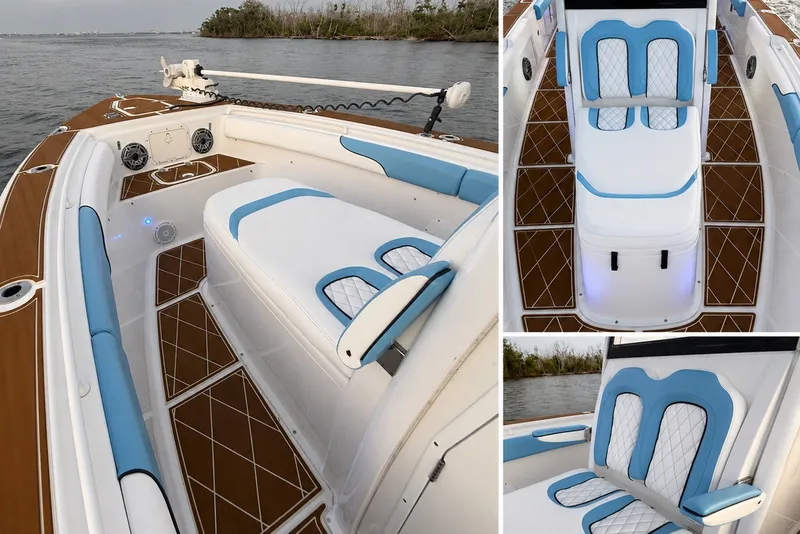 Slide: The Image of 2018 Sea Hunt Gamefish 27 Coffin Box boat with stylish seating and wood-patterned flooring. - 39