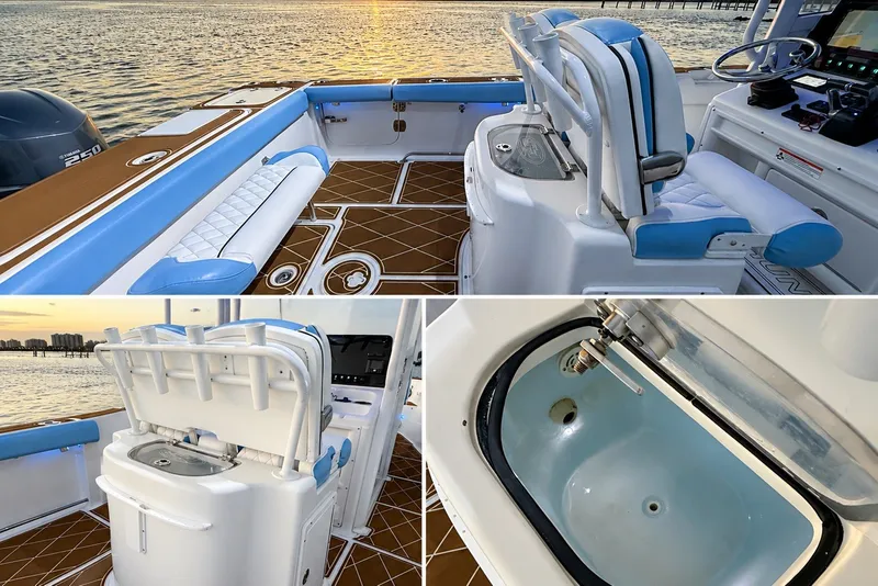 Slide: The Image of 2018 Sea Hunt Gamefish 27 Coffin Box boat interior with seating, helm, and storage features. - 40