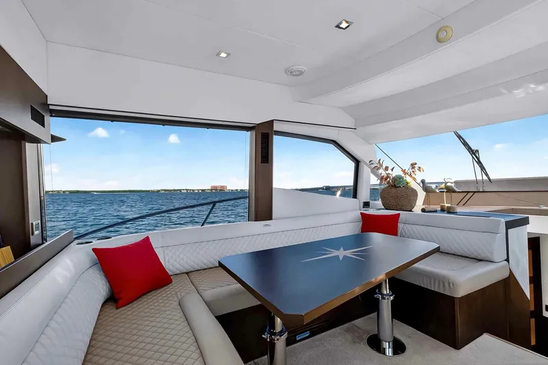 Slide: The Image of Luxurious interior of 2021 Galeon 500 Fly yacht with elegant seating and sea view. - 61