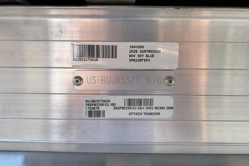 Slide: The Image of 2026 Sun Tracker Party Barge 22 RF XP3 identification plate with serial numbers and labels. - 114