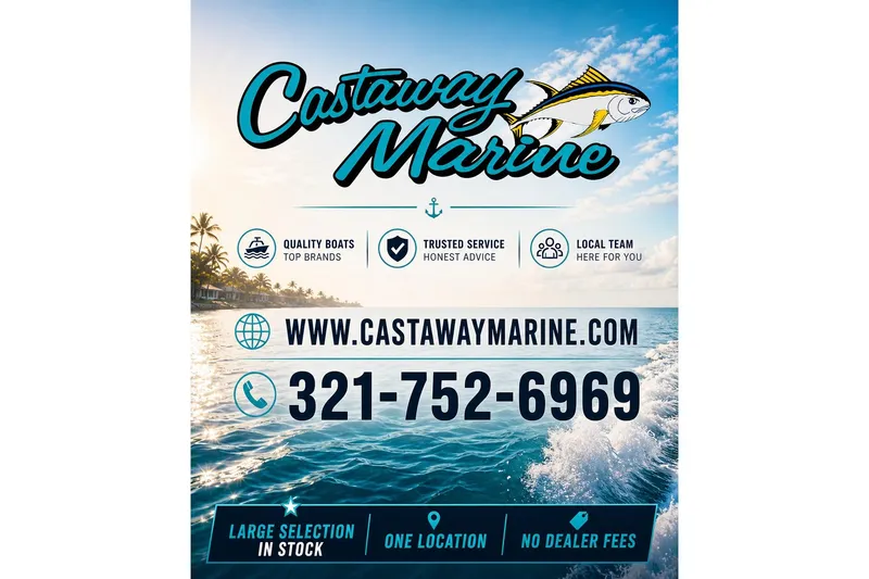 Slide: The Image of Castaway Marine advertisement featuring Sea Hunt Ultra 275 Coffin Box, 2026 model, with contact details. - 66