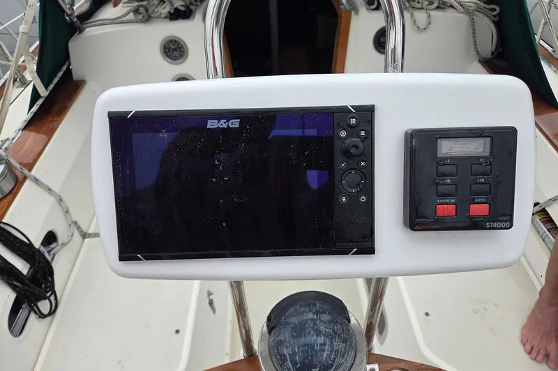 Slide: The Image of Cockpit of 1983 Sabre 38 sailboat featuring B&G navigation system and ST4000 autopilot. - 10