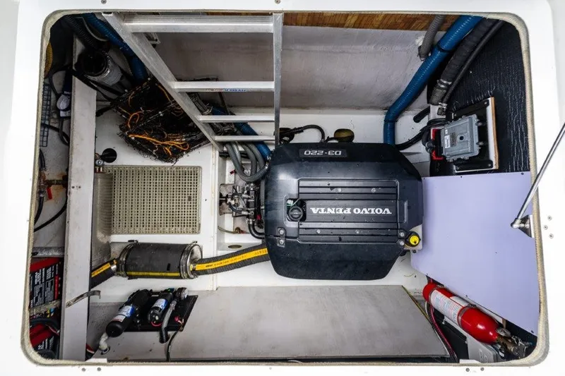 Slide: The Image of The engine room of a 2016 Fountaine Pajot Motor Yacht 37 features a Volvo Penta engine. - 35