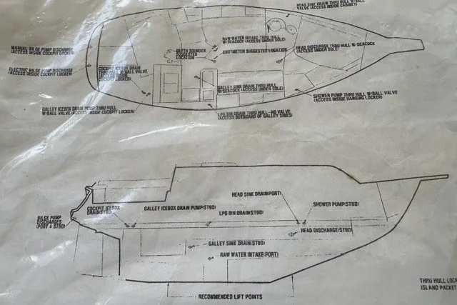 Slide: The Image of Blueprint of a 2000 Island Packet 320 sailboat, showing interior layout and plumbing details. - 48