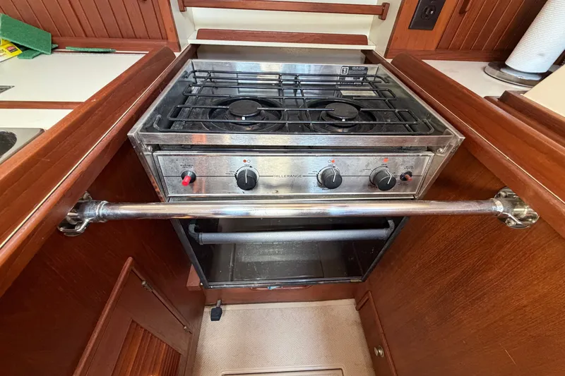 Slide: The Image of Stainless steel stove in 2000 Island Packet 320 yacht kitchen. - 56