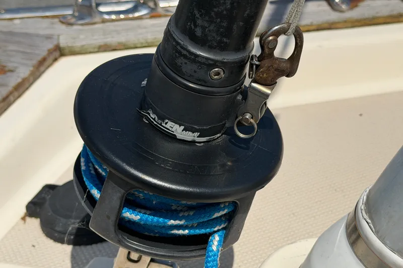 Slide: The Image of Close-up of a 2000 Island Packet 320 sailboat's rigging and winch system. - 22