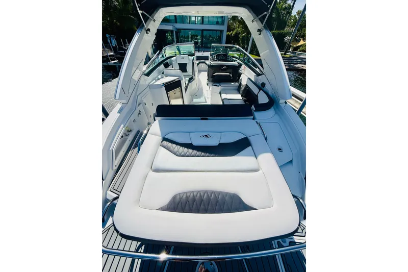 Slide: The Image of 2020 Monterey 328SS Super Sport boat interior with luxurious seating and modern design. - 24