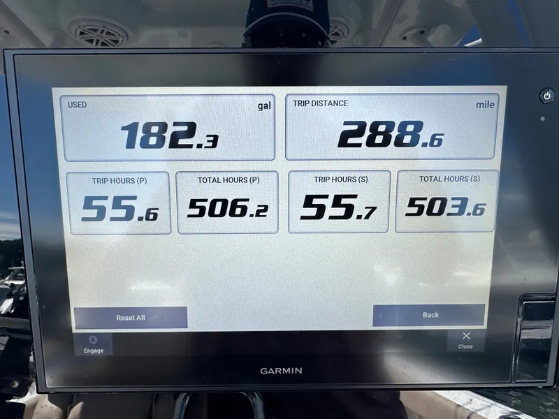 Slide: The Image of A Garmin screen displays fuel usage, trip distance, and engine hours for the Sportsman Open 282. - 9