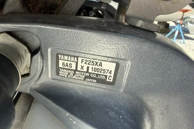 Slide: The Image of Close-up of Yamaha F225XA engine label on 2013 Everglades 210 Center Console boat. - 8