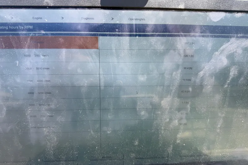 Slide: The Image of Display screen showing engine operating hours by RPM for 2013 Everglades 210 Center Console. - 28