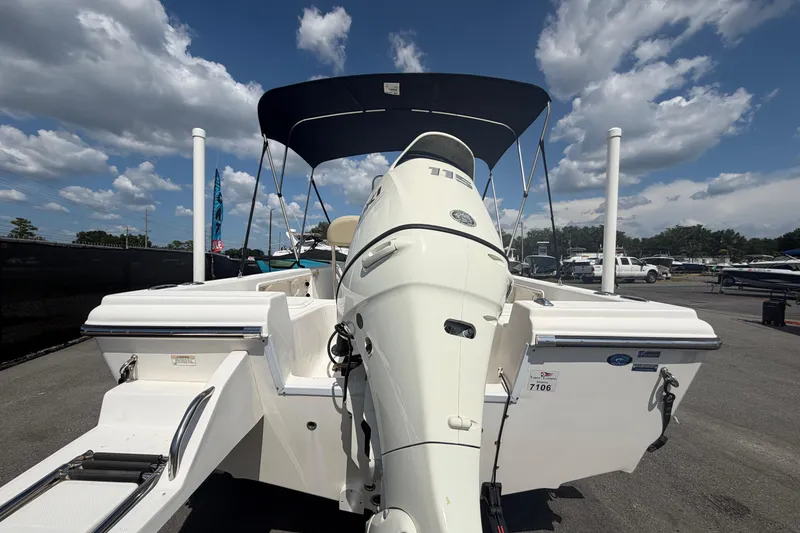 Slide: The Image of 2019 Sea Born SV19 Bay boat with outboard motor, parked under a blue sky. - 3