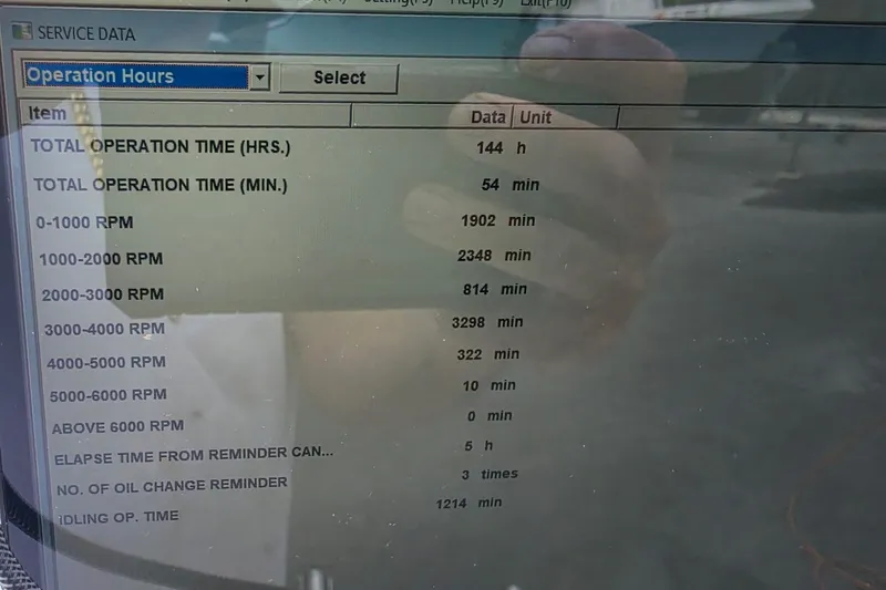 Slide: The Image of Display screen showing operation hours and RPM data for 2019 Sea Born SV19 Bay boat. - 63