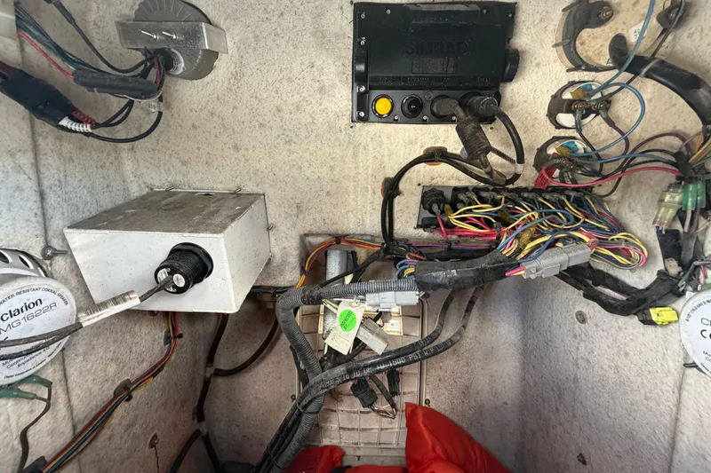 Slide: The Image of 2019 Sea Born SV19 Bay boat wiring and electronics setup, featuring cables and control panel. - 41