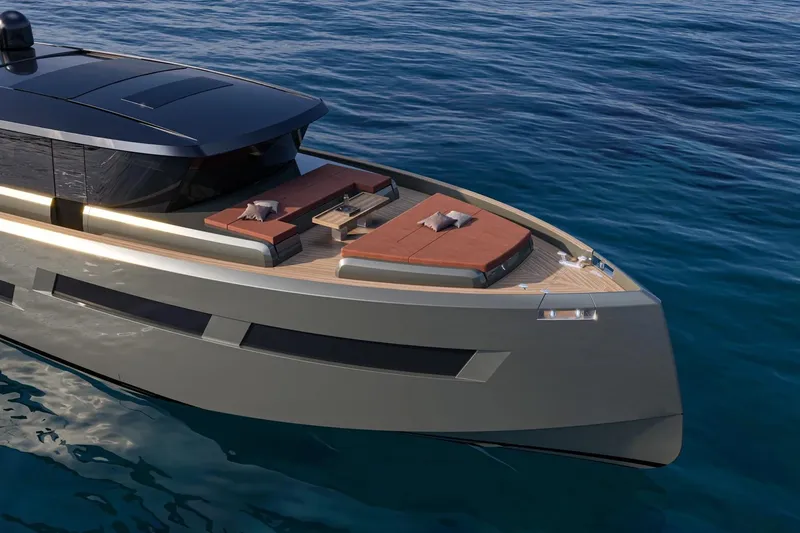 Slide: The Image of Luxurious 2027 Pardo Yachts GT65 on serene blue waters, featuring sleek design and sunbathing area. - 4