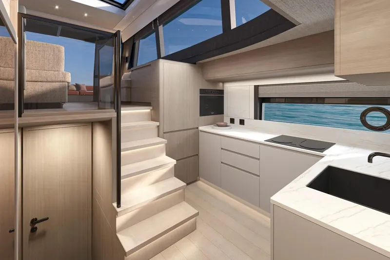 Slide: The Image of Luxurious interior of 2027 Pardo Yachts GT65 with modern kitchen and staircase. - 8