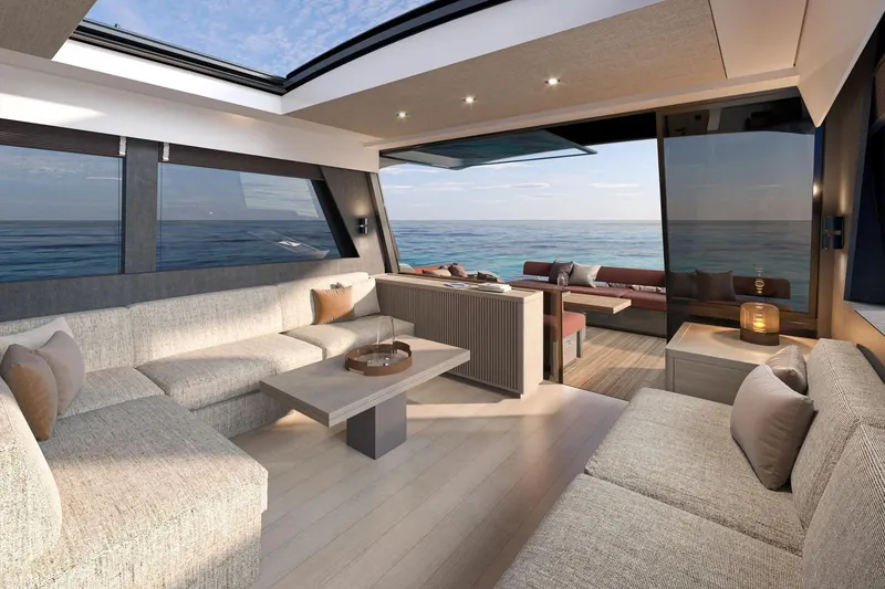 Slide: The Image of Luxurious interior of 2027 Pardo Yachts GT65 with ocean view and modern furnishings. - 7